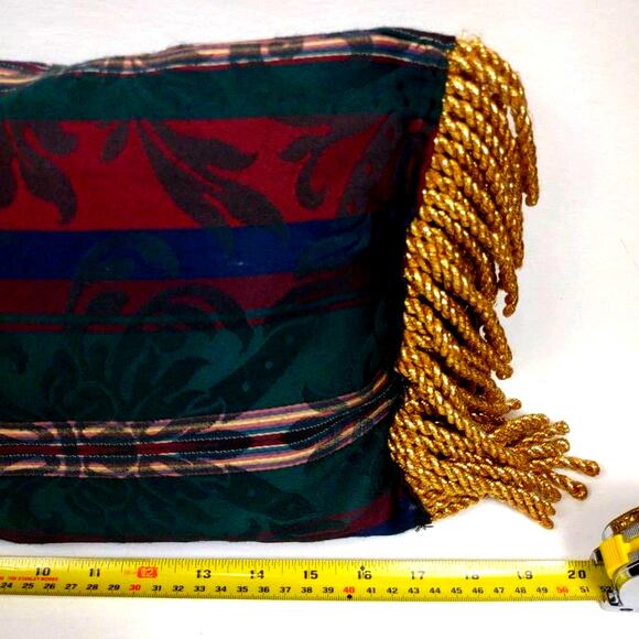 Vintage Rectangle Tapestry Pillow Heavy Gold Fringed Edge Scrolls and Stripes - Picture 5 of 8